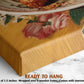 The image is a close-up of a wooden frame with a floral pattern, and it is described as a ready-to-hang artwork.