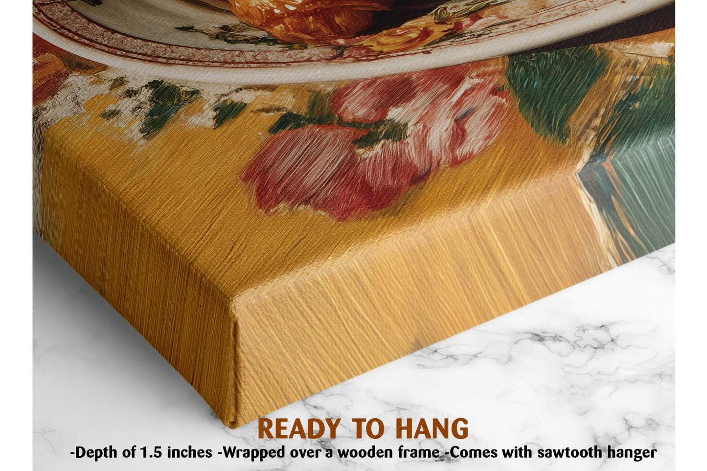 The image is a close-up of a wooden frame with a floral pattern, and it is described as a ready-to-hang artwork.