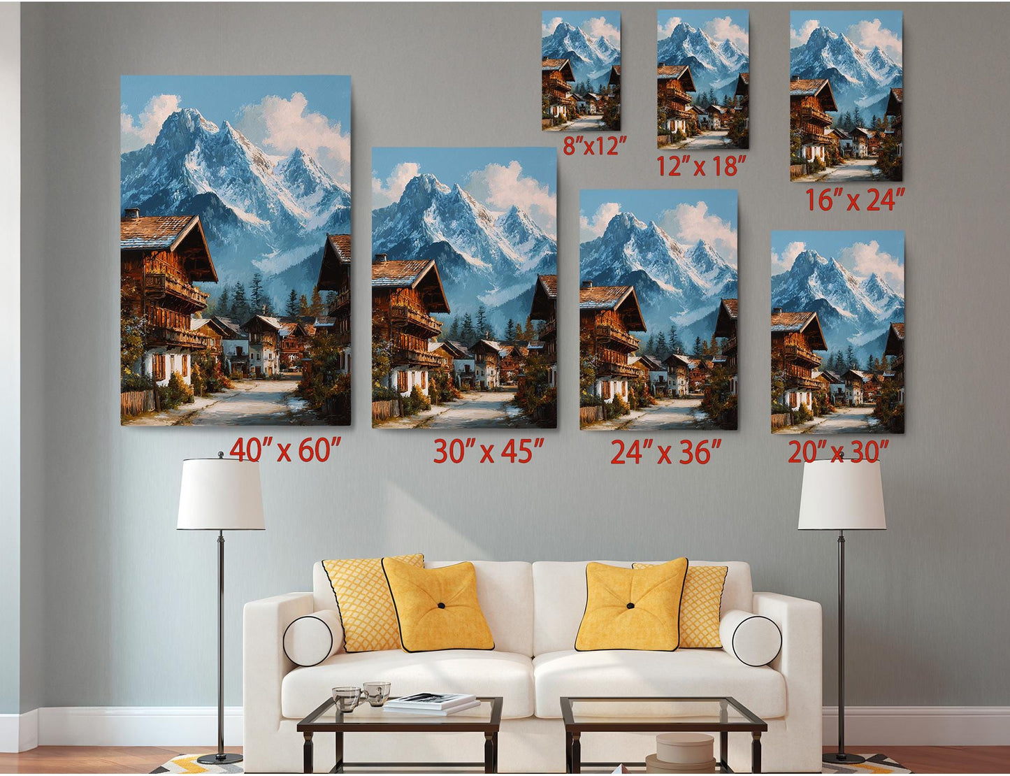 The image is a living room with a white sofa and a coffee table. Above the sofa, there are six framed pictures of mountain landscapes, each with a different size and resolution. The pictures are arranged in a grid-like pattern on the wall, with each one depicting a different view of the mountains.