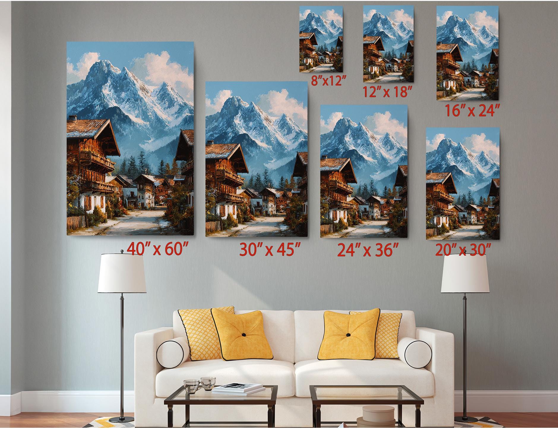 The image is a living room with a white sofa and a coffee table. Above the sofa, there are six framed pictures of mountain landscapes, each with a different size and resolution. The pictures are arranged in a grid-like pattern on the wall, with each one depicting a different view of the mountains.