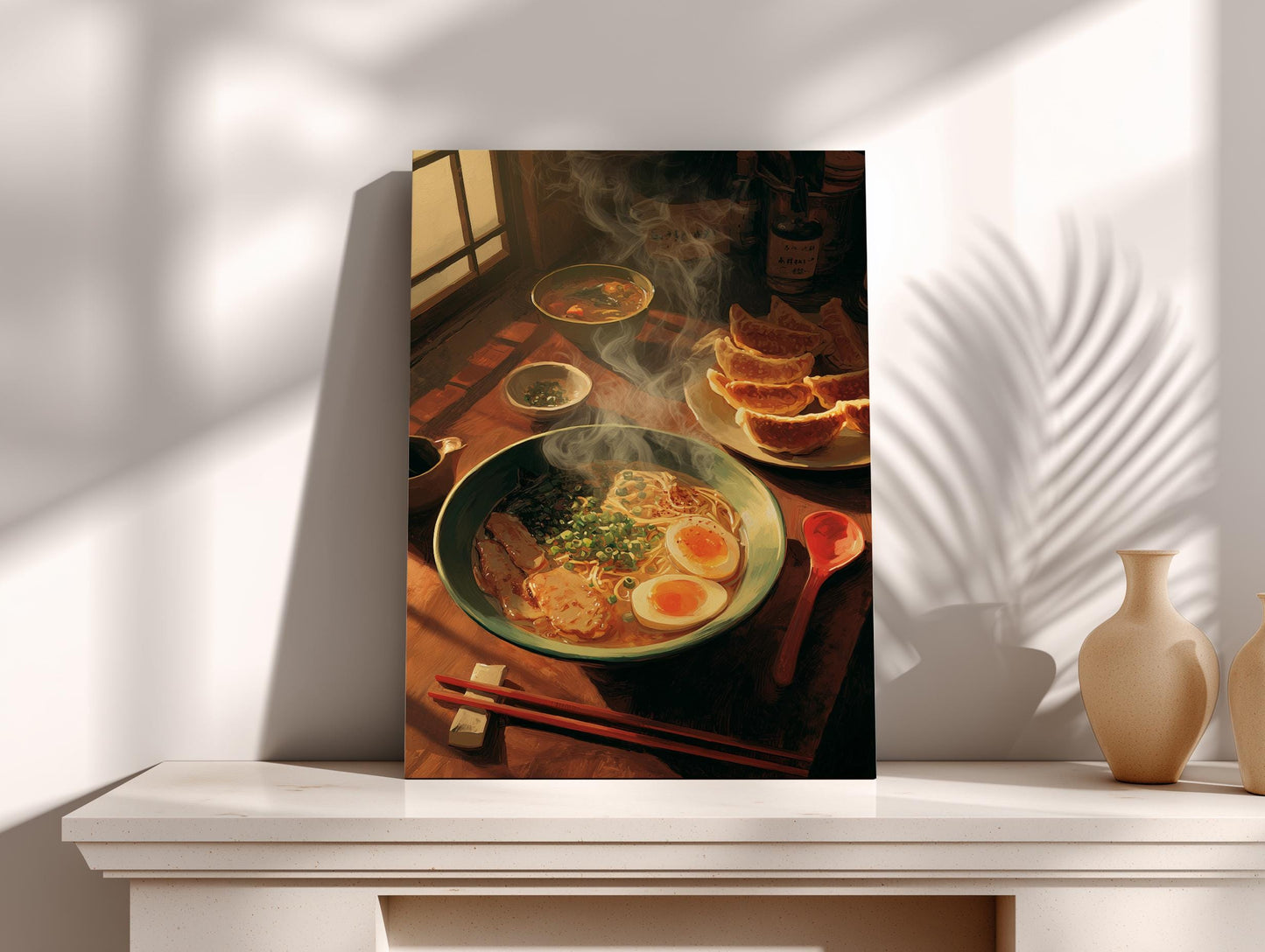 A framed photograph of a bowl of ramen noodles with vegetables, accompanied by a plate of sliced oranges, on a wooden table.