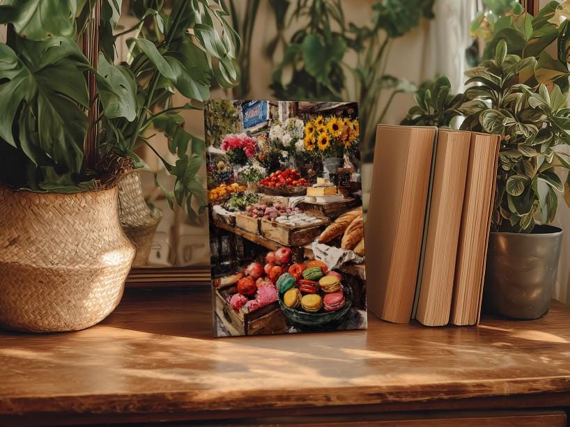 a wooden table with a framed photograph of a fruit and vegetable market displayed on it. The table is surrounded by potted plants, and there are several books placed next to the table.