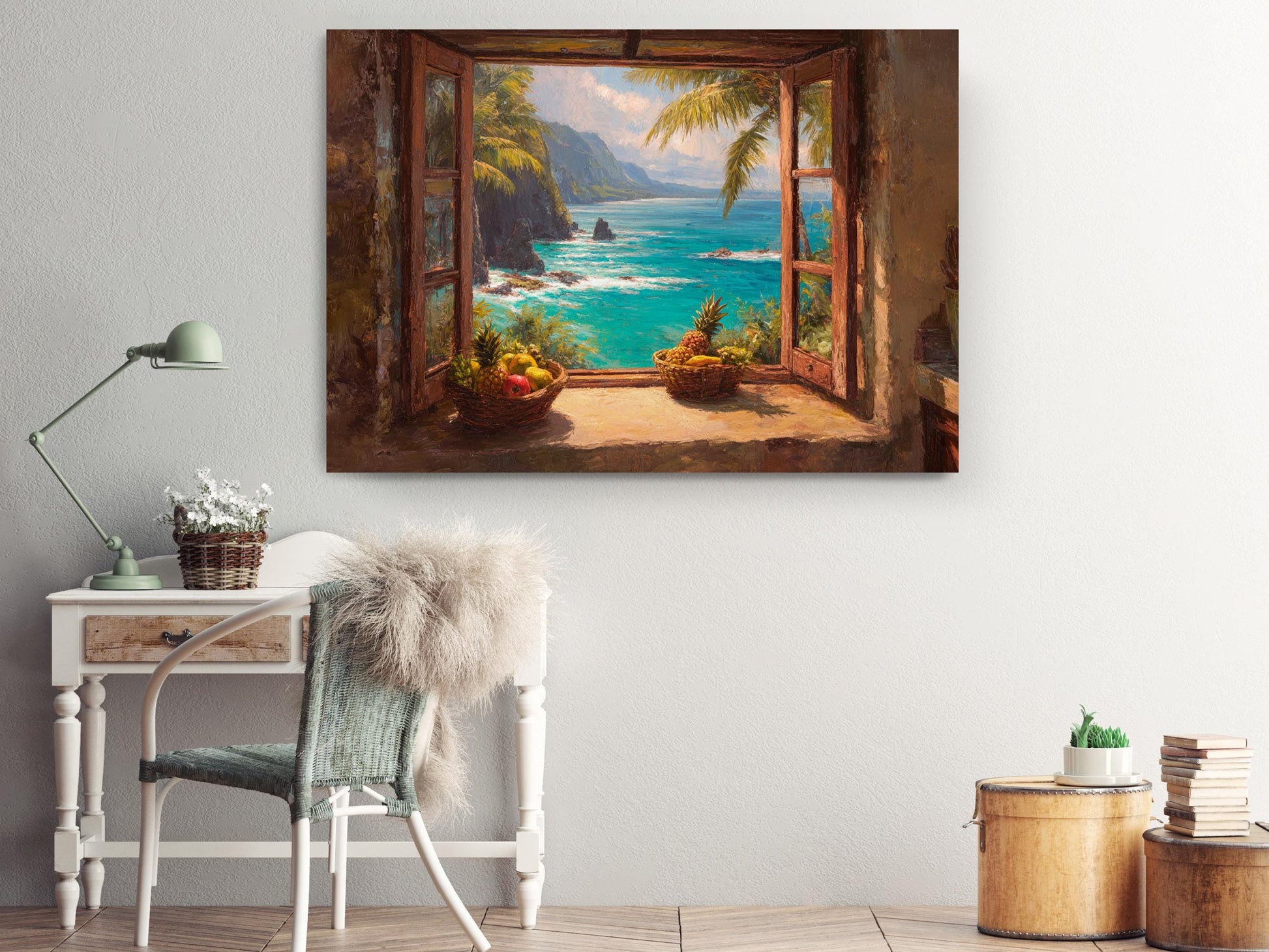 a serene tropical scene with a view of the ocean through an open window. The window is framed by a wooden frame and has a basket of fruit on the sill. The ocean is a beautiful shade of turquoise, with a small island visible in the distance. The sky above is a clear blue, with a few clouds scattered across it. The overall atmosphere of the image is calm and peaceful, with the natural elements creating a sense of tranquility.