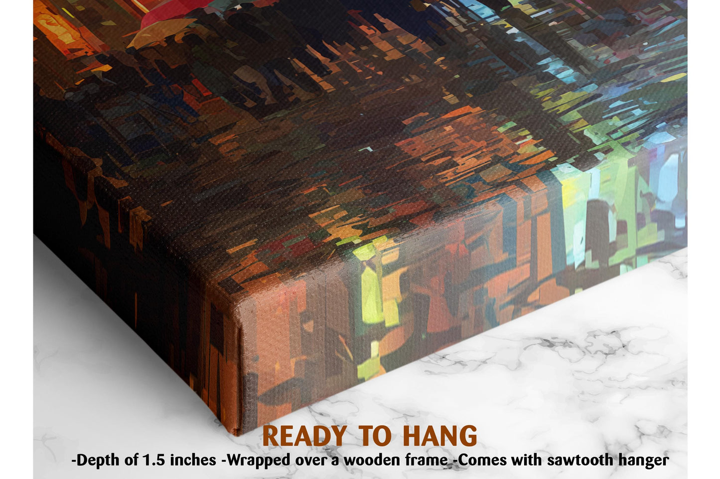 The image is a close-up of a textured, abstract painting on a canvas, with a wooden frame. The text in the image indicates that the painting is ready to hang and is described as a 1.5-inch depth.