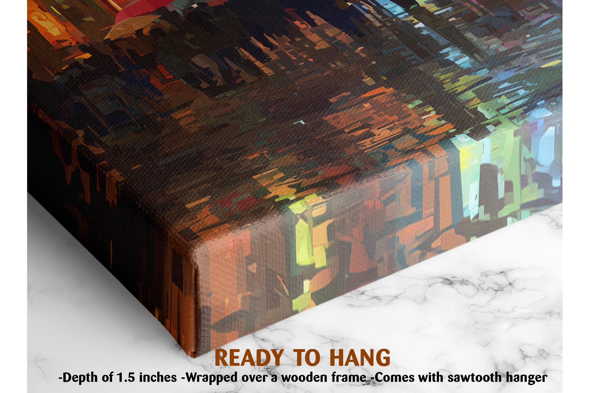 The image is a close-up of a textured, abstract painting on a canvas, with a wooden frame. The text in the image indicates that the painting is ready to hang and is described as a 1.5-inch depth.