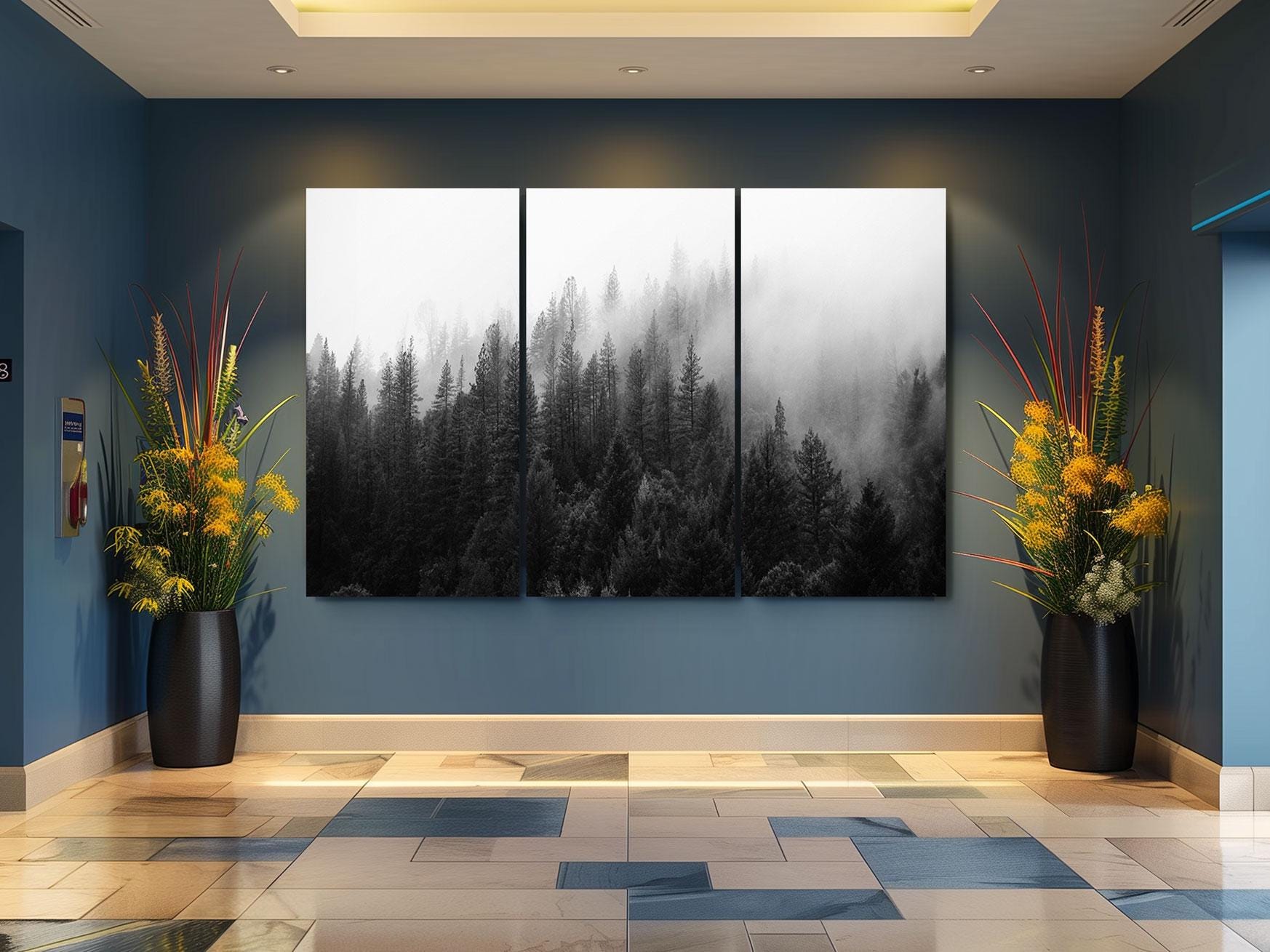 a room with two large paintings on the wall