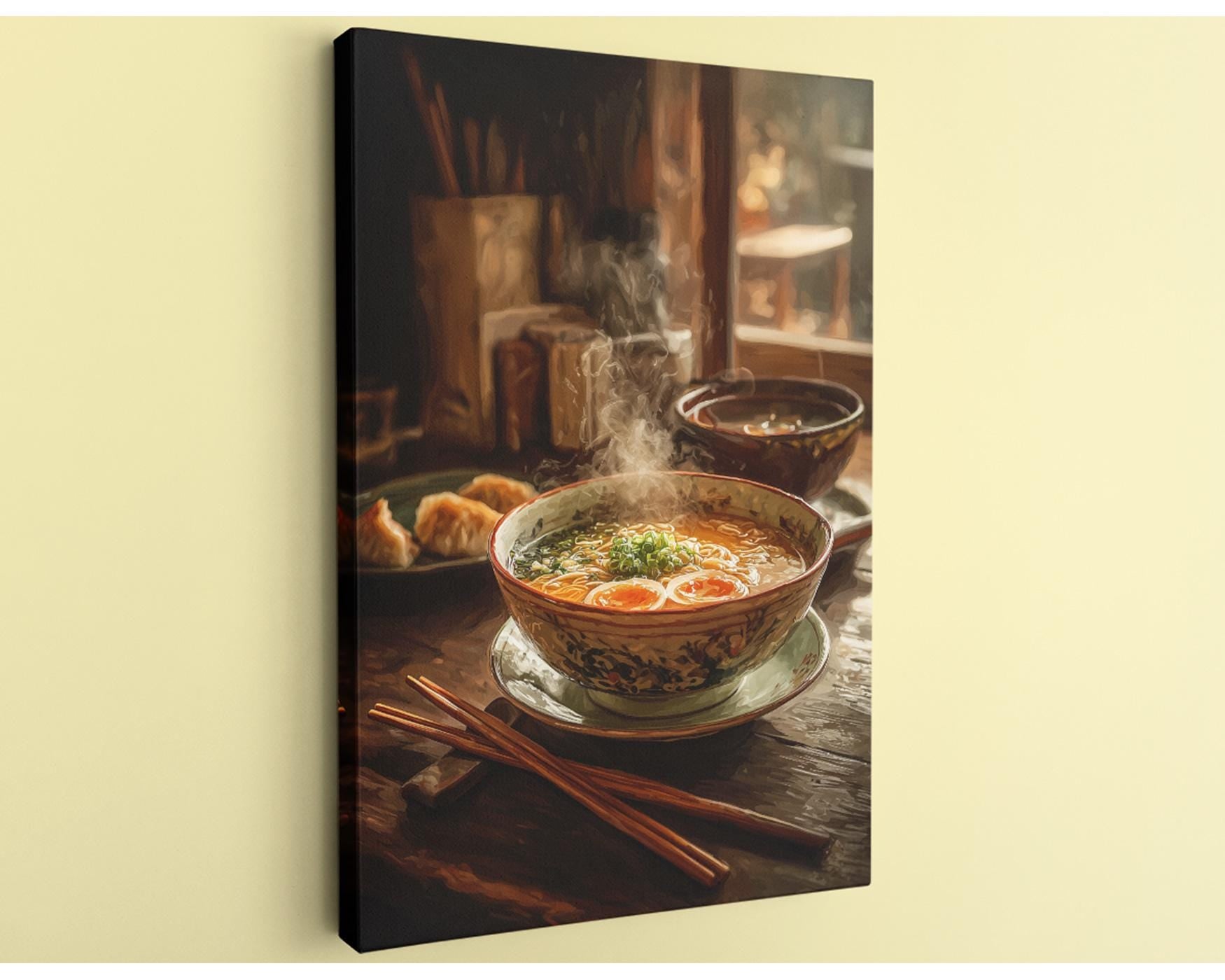 A bowl of steaming hot soup with noodles and vegetables sits on a wooden table, accompanied by chopsticks and a plate of bread.