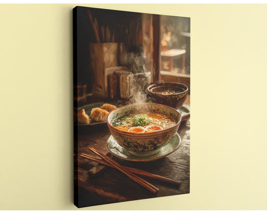 A bowl of steaming hot soup with noodles and vegetables sits on a wooden table, accompanied by chopsticks and a plate of bread.