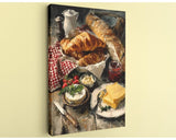 The image is a painting depicting a table with various food items, including croissants, cheese, strawberries, and jam.