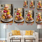 The image is a collage of six framed pictures depicting various stacks of colorful macarons on a plate, arranged in a grid-like pattern on a wall.