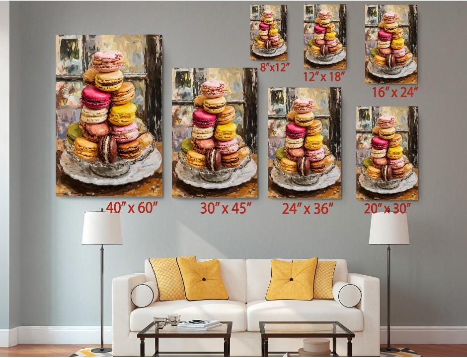 The image is a collage of six framed pictures depicting various stacks of colorful macarons on a plate, arranged in a grid-like pattern on a wall.