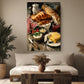 a cozy living room with a large painting of a breakfast spread hanging on the wall above a wooden coffee table. The painting features a variety of food items, including croissants, fruit, cheese, and other breakfast items, arranged on a wooden surface. The room is decorated with potted plants, vases, and other home decor elements, creating a warm and inviting atmosphere.