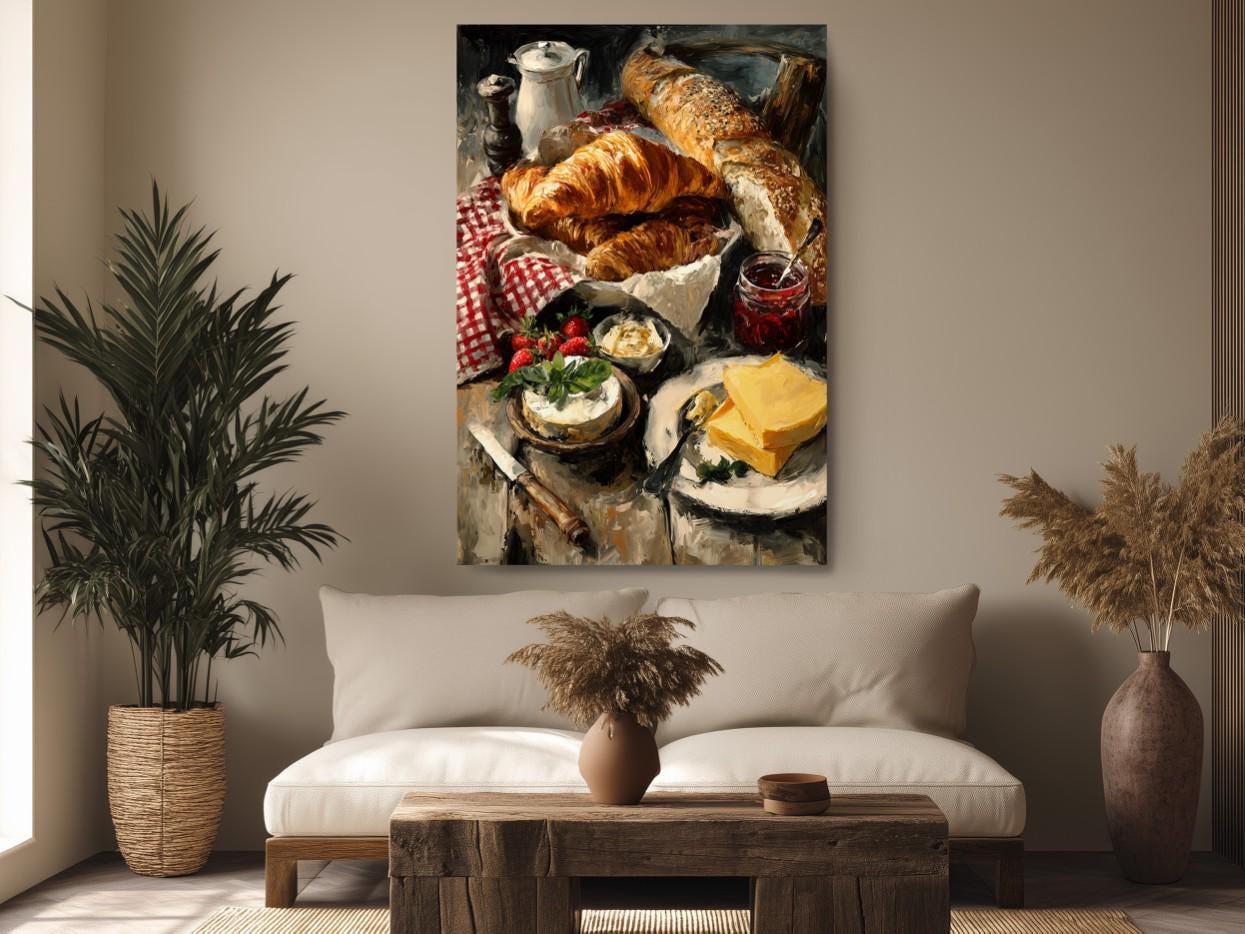 a cozy living room with a large painting of a breakfast spread hanging on the wall above a wooden coffee table. The painting features a variety of food items, including croissants, fruit, cheese, and other breakfast items, arranged on a wooden surface. The room is decorated with potted plants, vases, and other home decor elements, creating a warm and inviting atmosphere.