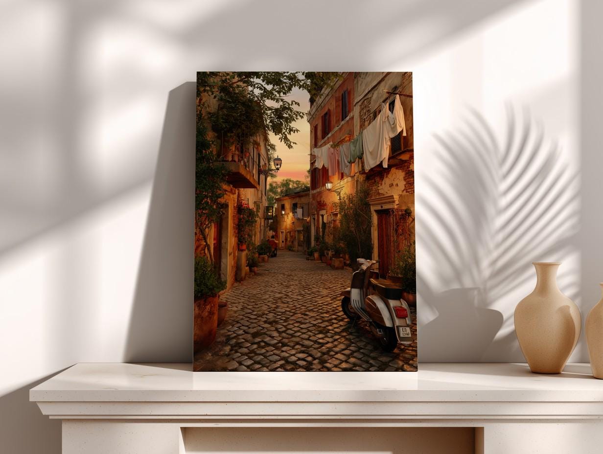 a charming cobblestone street lined with colorful buildings, with a motorcycle parked on the side.