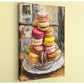 A painting of a glass dish filled with an assortment of colorful macarons, arranged in a visually appealing manner.