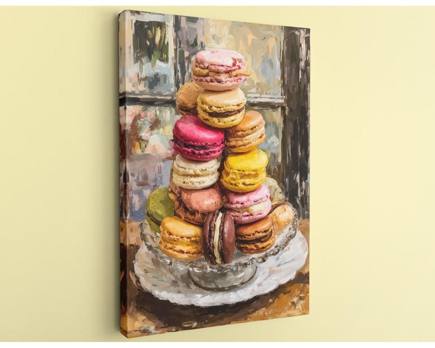 A painting of a glass dish filled with an assortment of colorful macarons, arranged in a visually appealing manner.