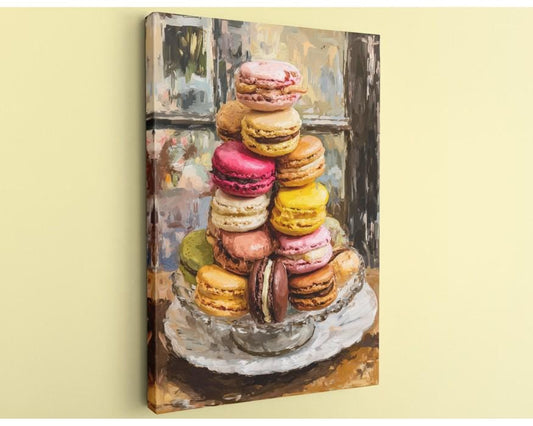 A painting of a glass dish filled with an assortment of colorful macarons, arranged in a visually appealing manner.
