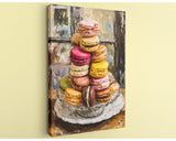 A painting of a glass dish filled with an assortment of colorful macarons, arranged in a visually appealing manner.