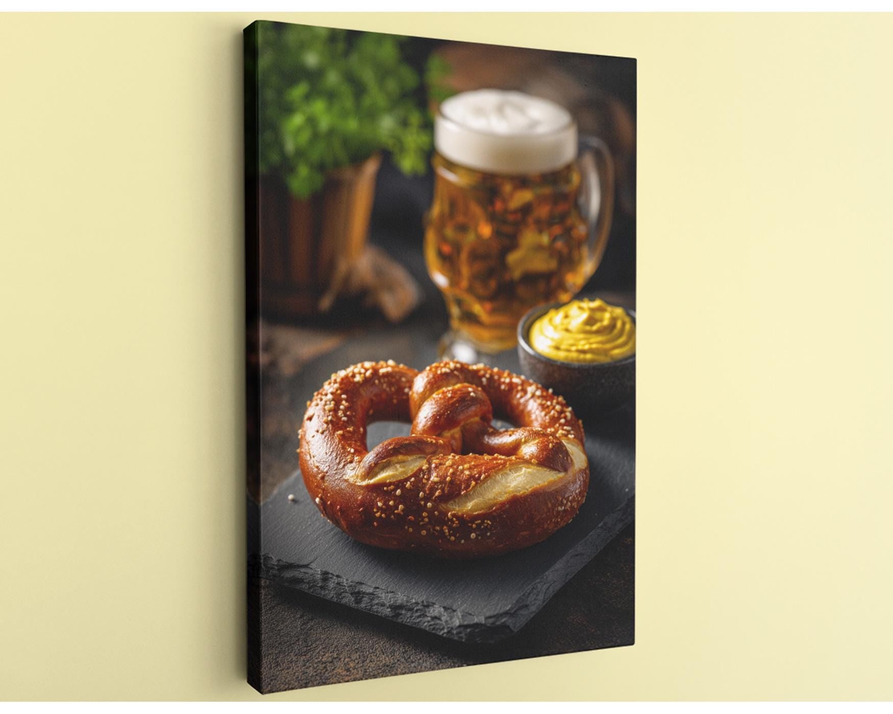 A pretzel with sesame seeds, a glass of beer, and a bowl of mustard are arranged on a dark surface, creating a casual and inviting scene.