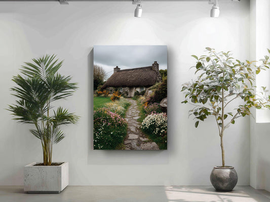 a cozy cottage nestled in a lush garden, with a stone path leading up to it. The cottage is surrounded by an abundance of greenery, including a variety of plants and flowers. The cottage itself has a thatched roof, adding to the rustic charm of the scene. The cottage is positioned on the left side of the image, while the plants and flowers are on the right, creating a harmonious balance between the cottage and the natural elements.