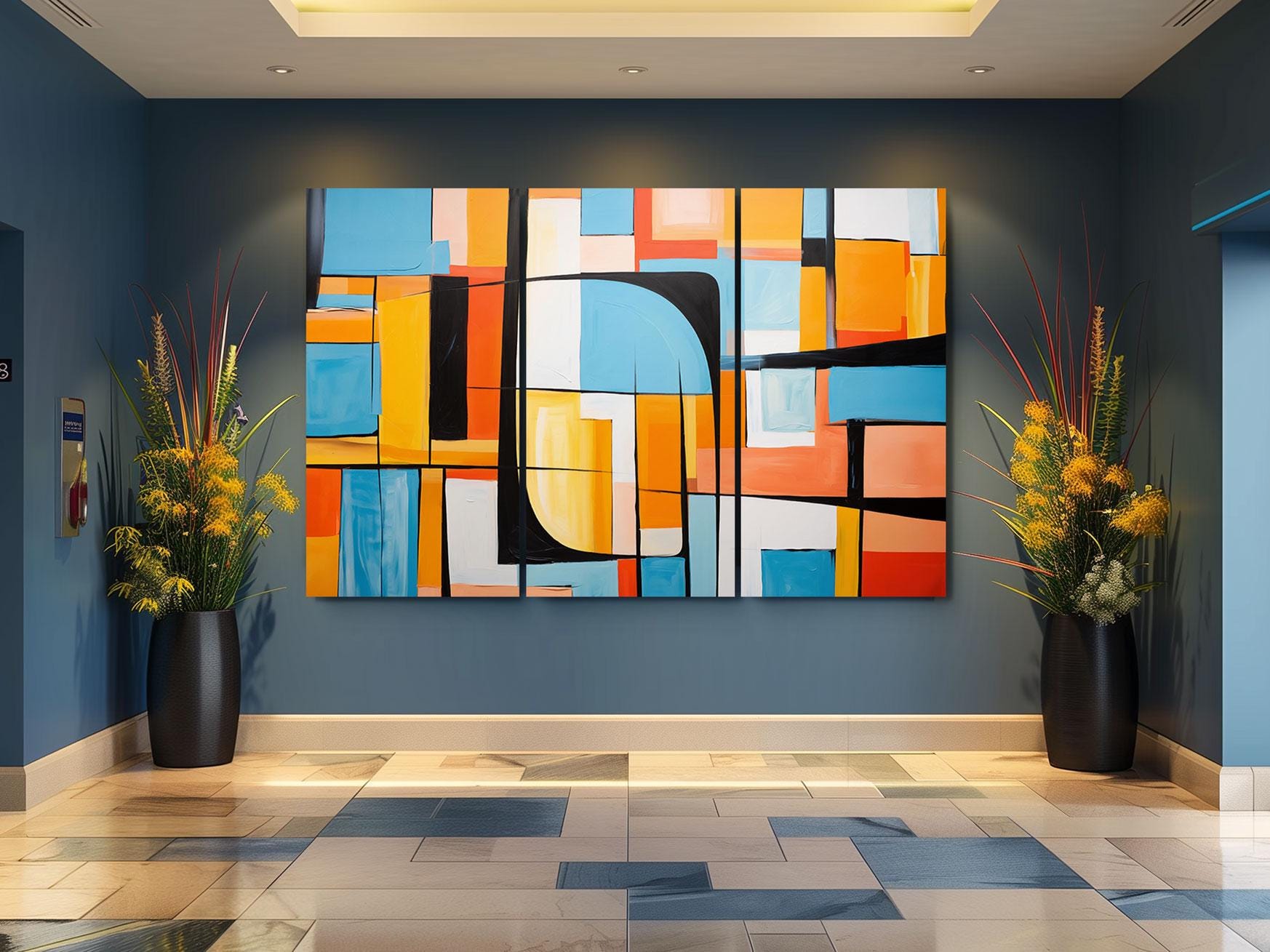 a painting on the wall of a lobby