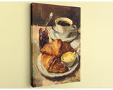 a breakfast scene with a croissant, butter, and jam on a plate, accompanied by a cup of coffee.