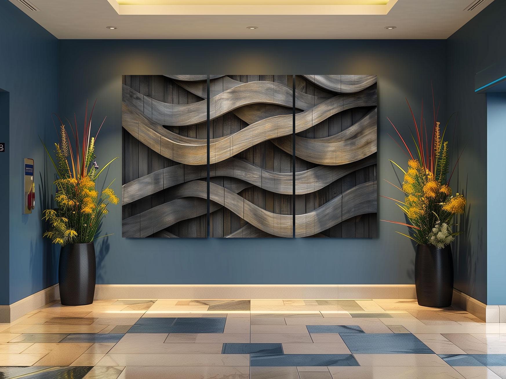 a room with two vases of flowers and a painting on the wall