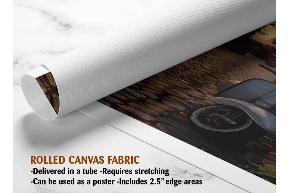 The image is a rolled canvas fabric, which is a type of canvas material used for creating posters or wall art. It is described as a tube-delivered fabric, which means it is delivered in a tube and requires stretching before use. The fabric can be used as a poster and includes a 2.5&quot; edge area.