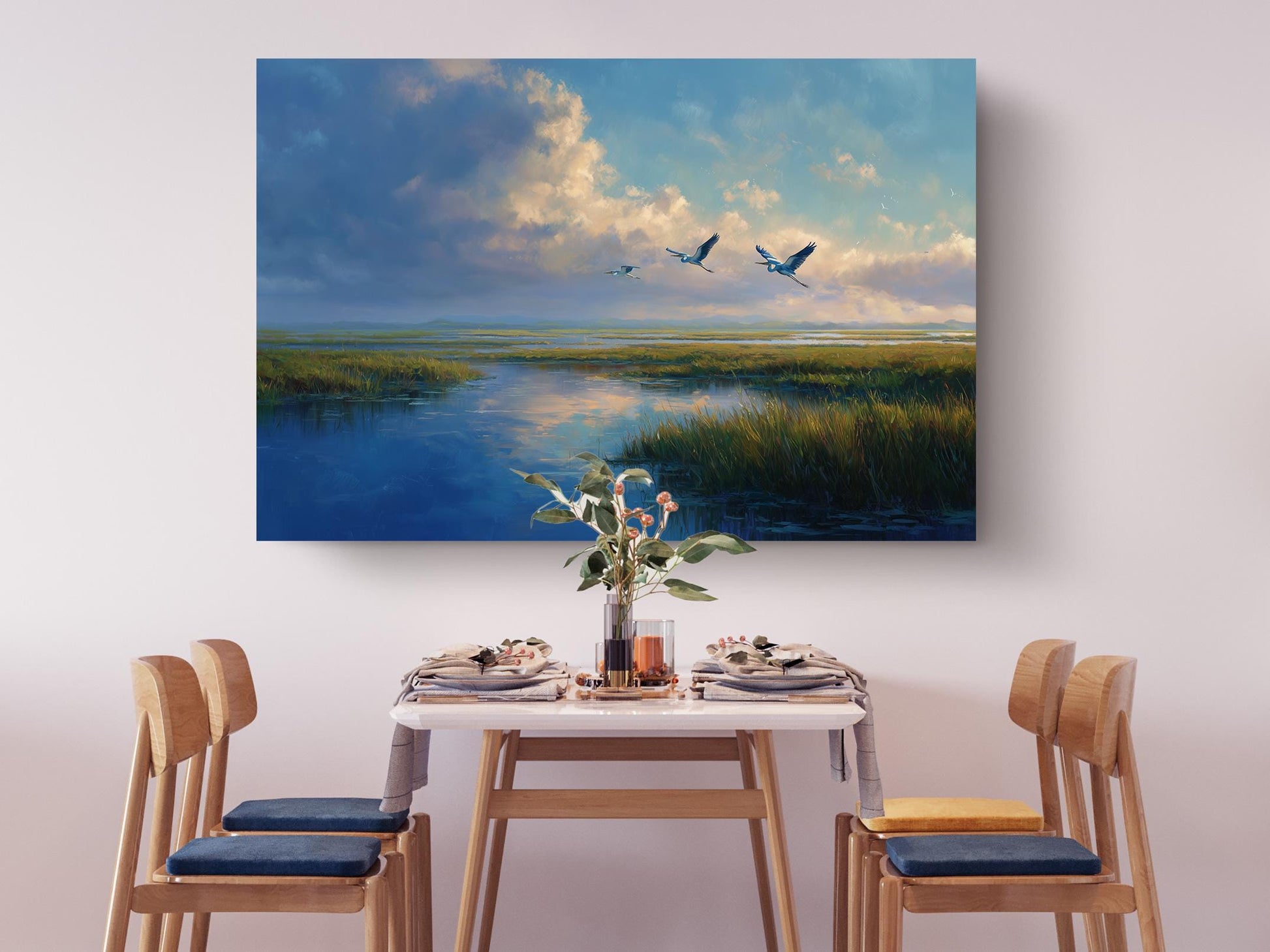 a serene dining scene with a table set for four, featuring a vase of flowers and a painting of a peaceful landscape above it.