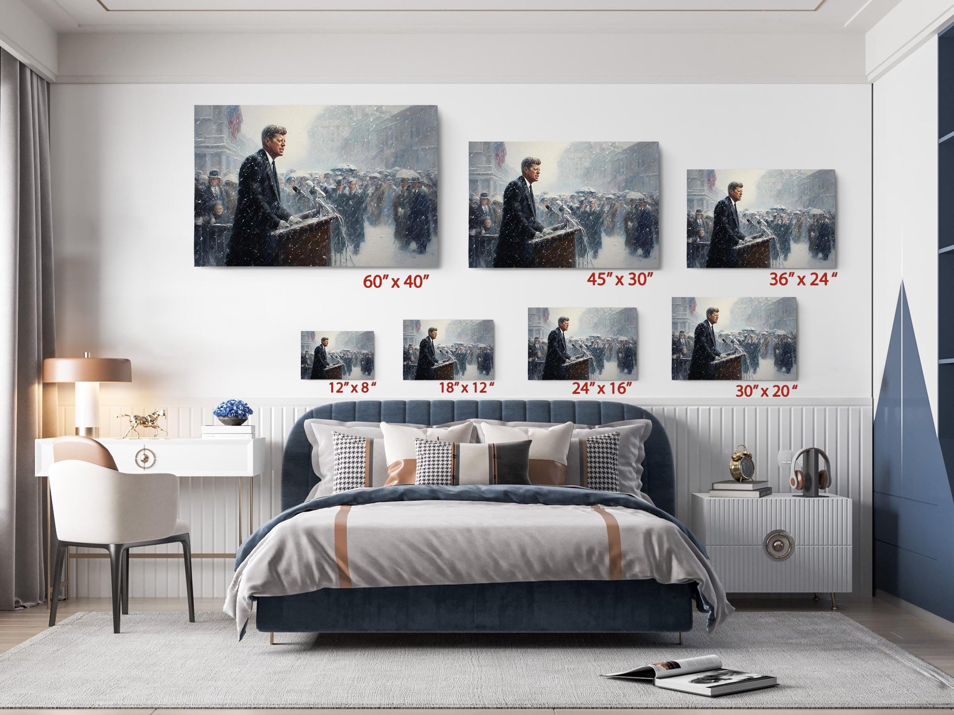 The image is a bedroom with a large bed, a desk, and a chair. Above the bed, there are six framed paintings of a man in a suit and tie, each with a different size and resolution. The paintings are arranged in a grid-like pattern on the wall, creating a visually appealing display.