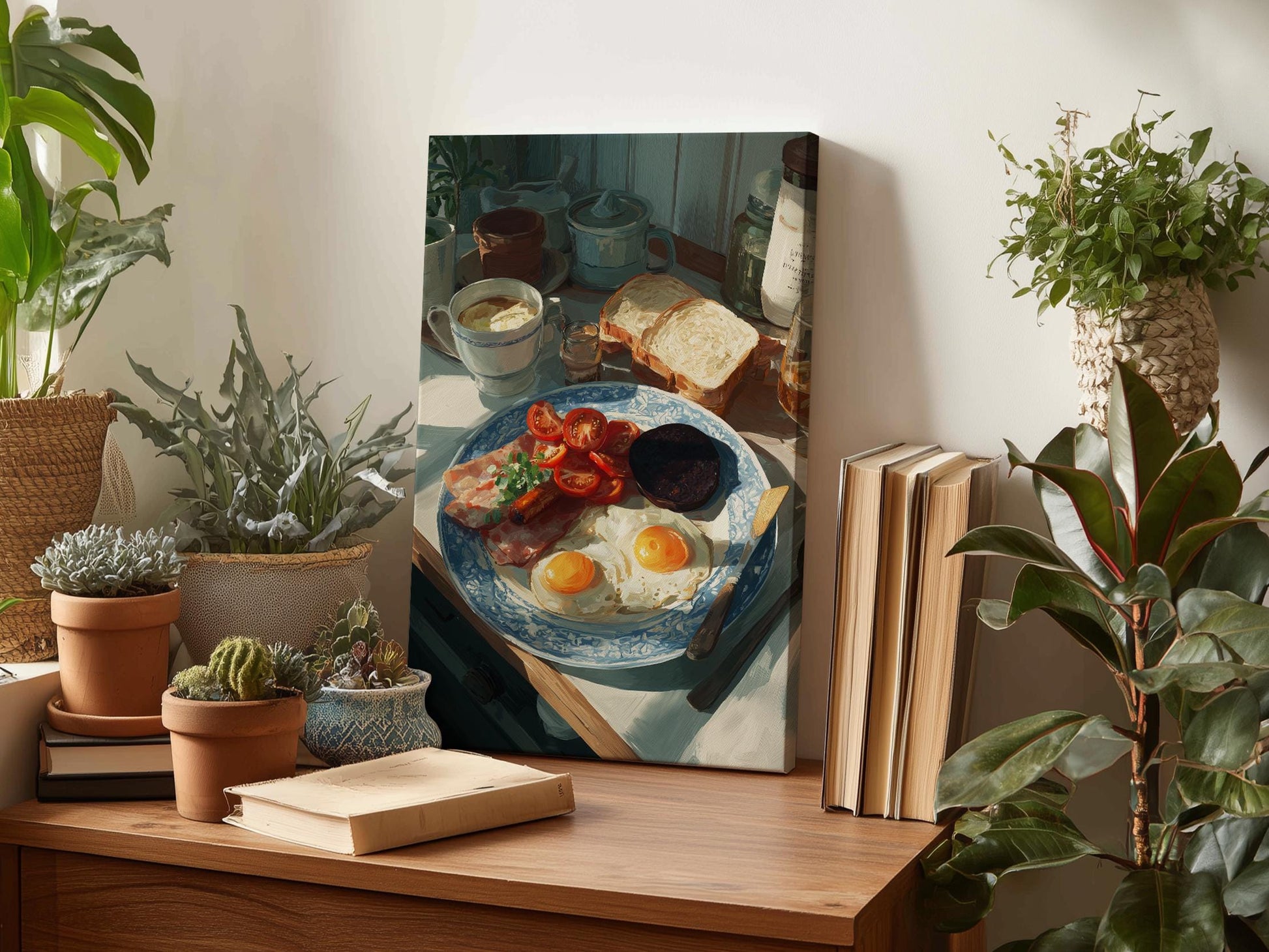 a painting of a breakfast scene with a plate of food, including eggs, toast, and tomatoes, surrounded by potted plants and books.