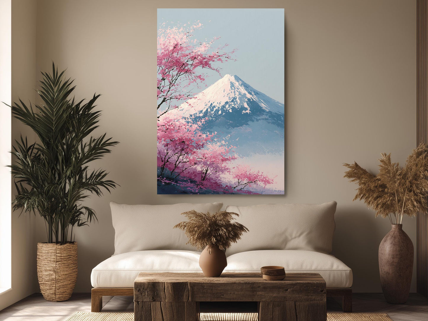 a living room with a large painting of a mountain with pink flowers hanging on the wall above a white sofa. The sofa is positioned in front of a wooden coffee table, which has a vase of dried flowers on it. The room also includes potted plants and a rug, creating a cozy and inviting atmosphere.