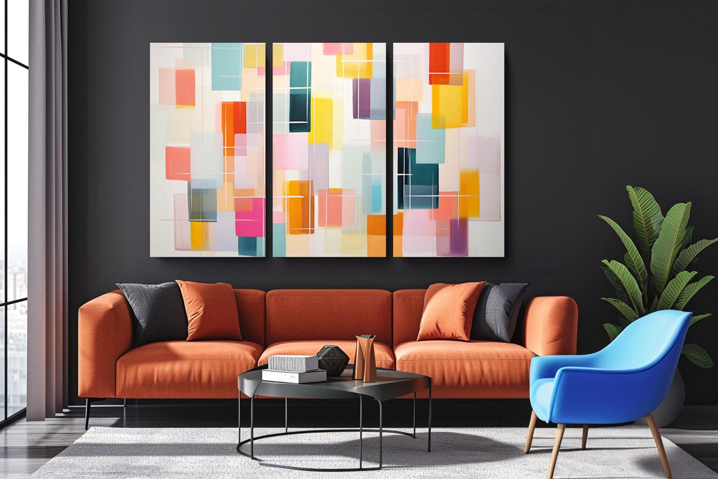 a living room with a couch a chair and a painting on the wall