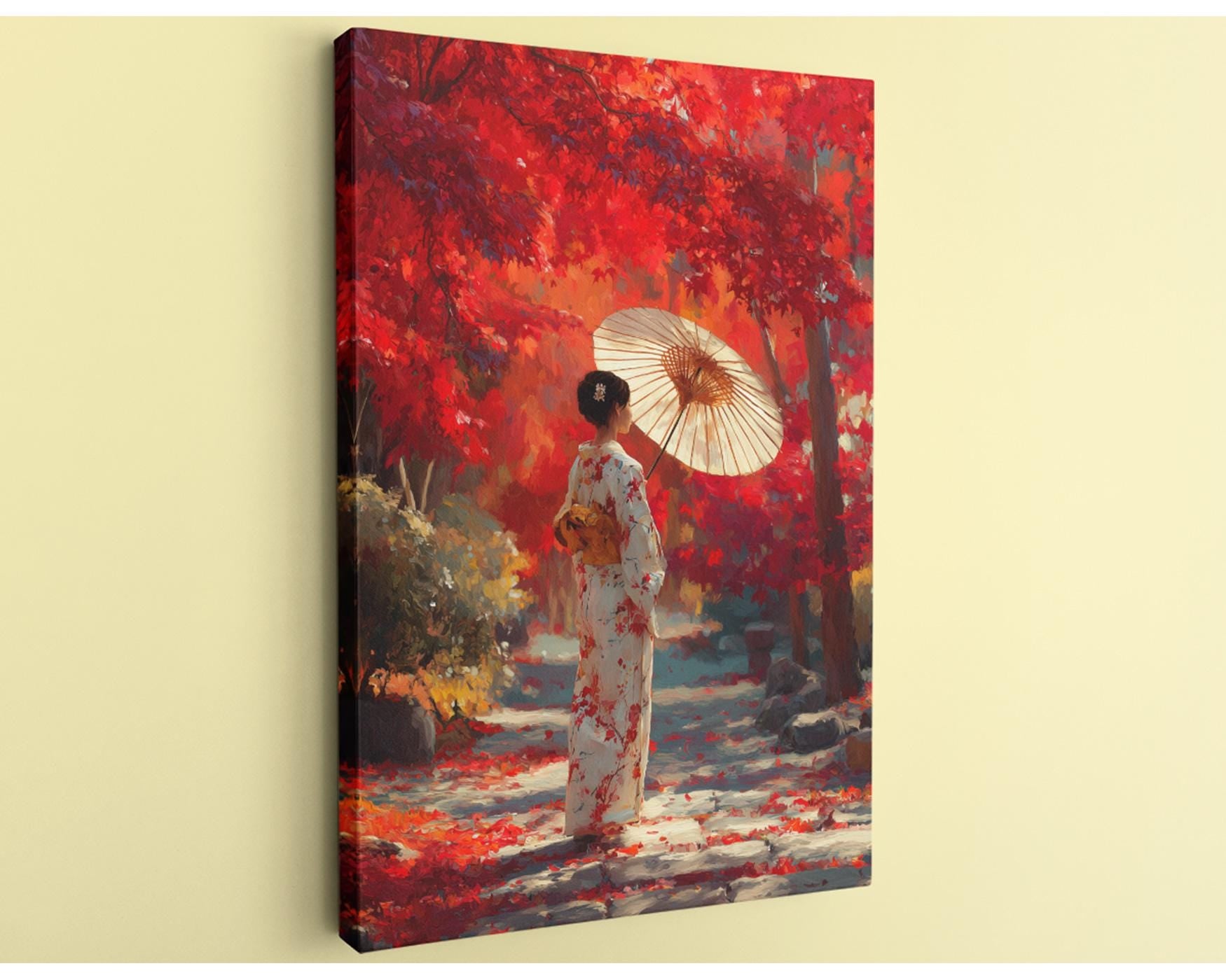 A woman in a traditional Japanese kimono stands in a garden, holding a white parasol and surrounded by vibrant red leaves.