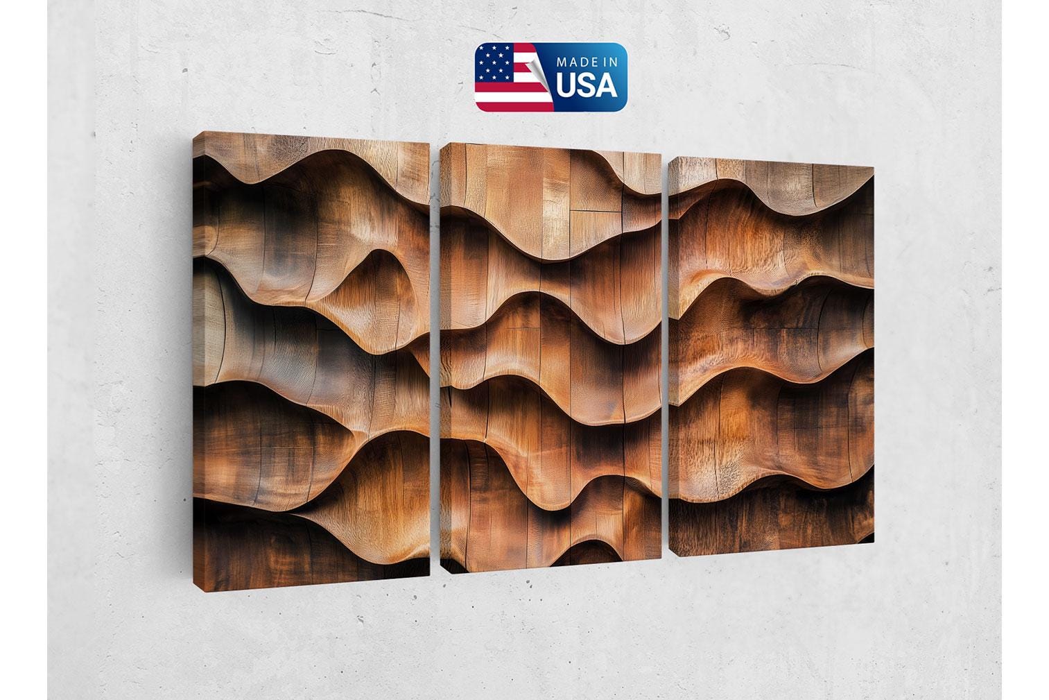 three panels of wood with wavy shapes on a wall