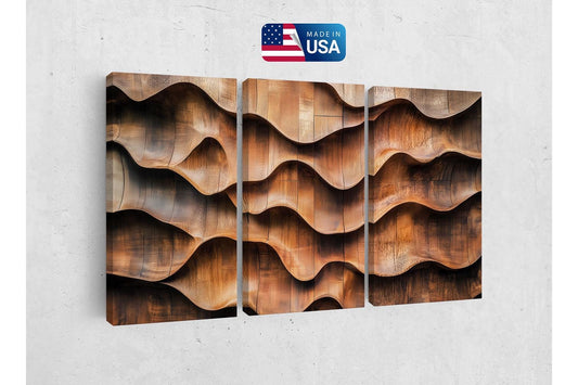 three panels of wood with wavy shapes on a wall