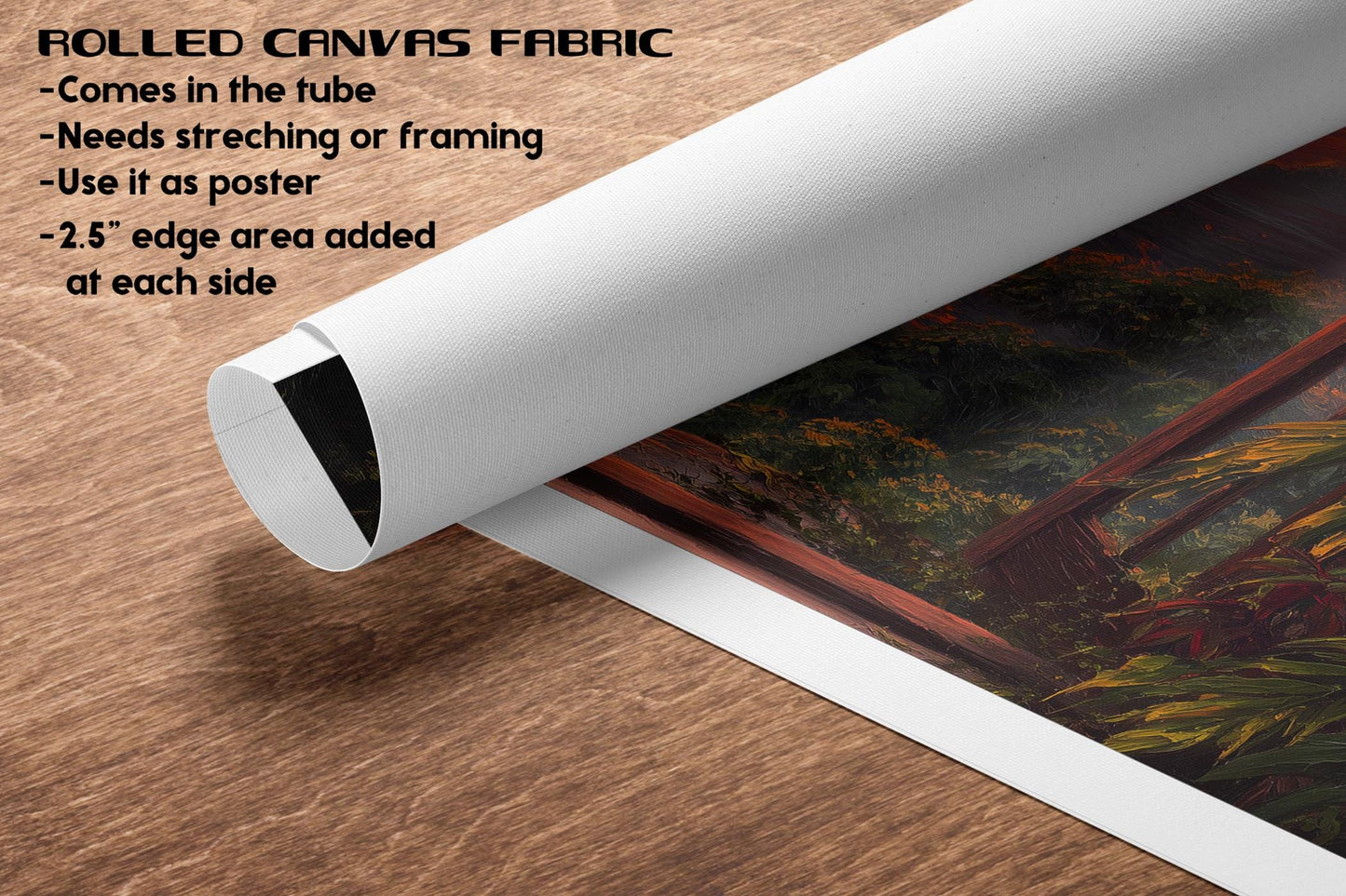 The image is a rolled canvas fabric with text providing information about its use.