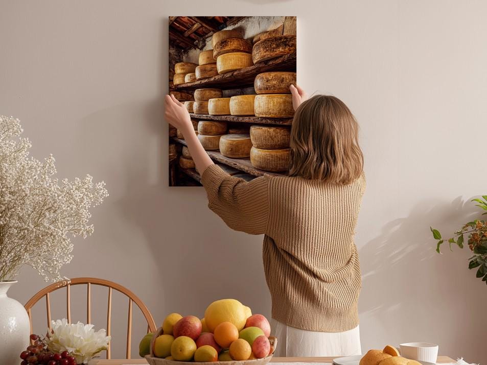 A woman hangs a framed photograph of cheese on a wall in a cozy kitchen setting.