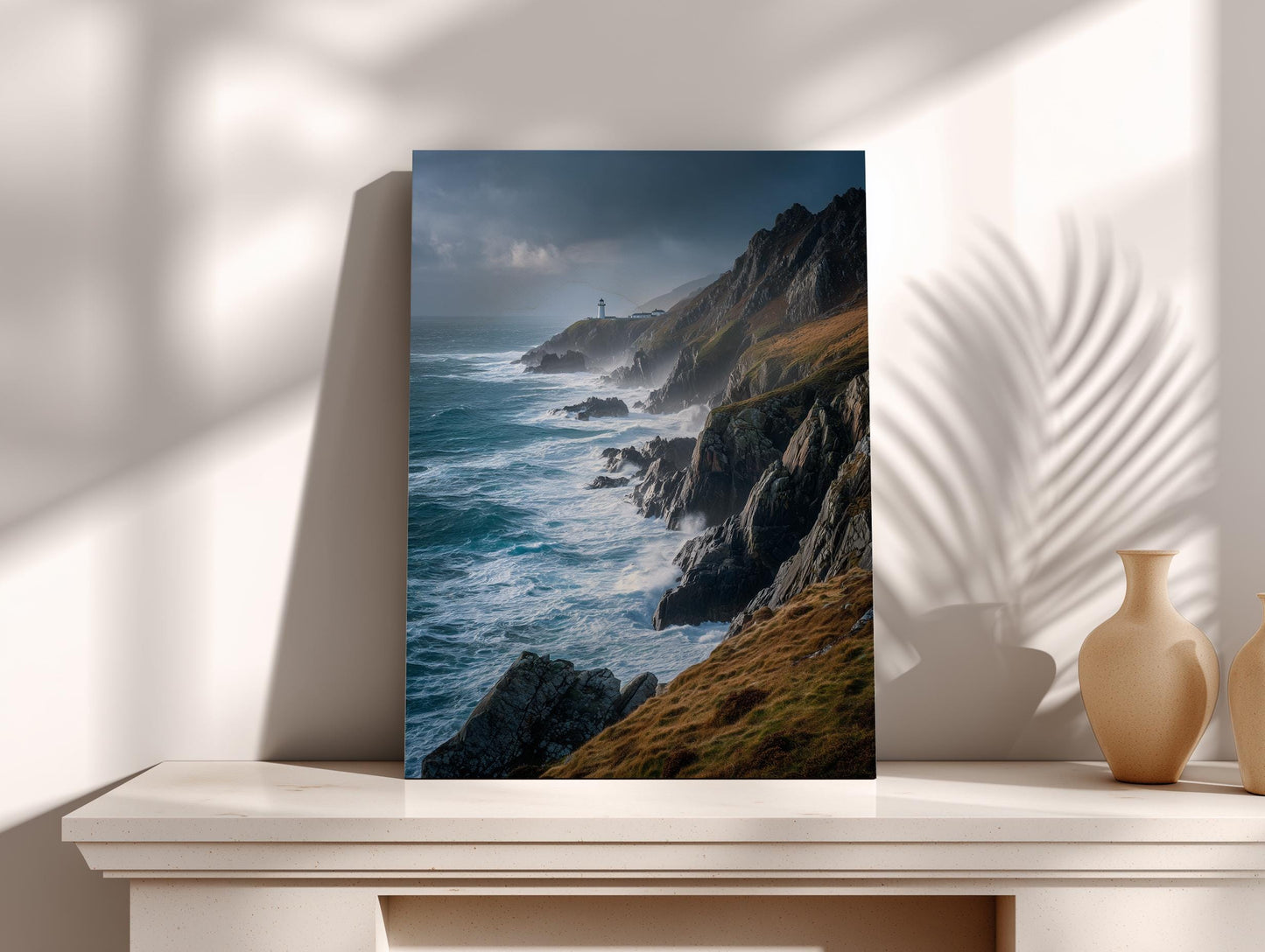 a coastal landscape with rocky cliffs, crashing waves, and a lighthouse in the distance.