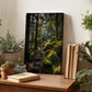 a wooden desk with a framed photograph of a forest path, surrounded by various potted plants and books.