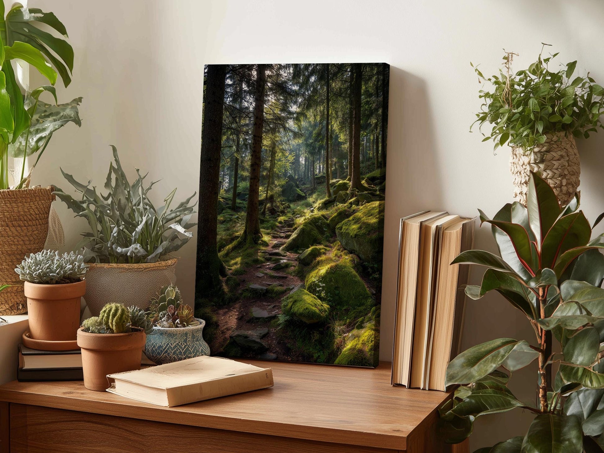 a wooden desk with a framed photograph of a forest path, surrounded by various potted plants and books.