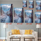 The image is a living room with a white couch and a coffee table. Above the couch, there are six framed pictures of snowy mountain landscapes, each with a different size and resolution. The pictures are arranged in a grid-like pattern, with each row representing a different size and resolution, from 40 x 60 to 24 x 36. The image also includes text indicating the size and resolution of each picture.