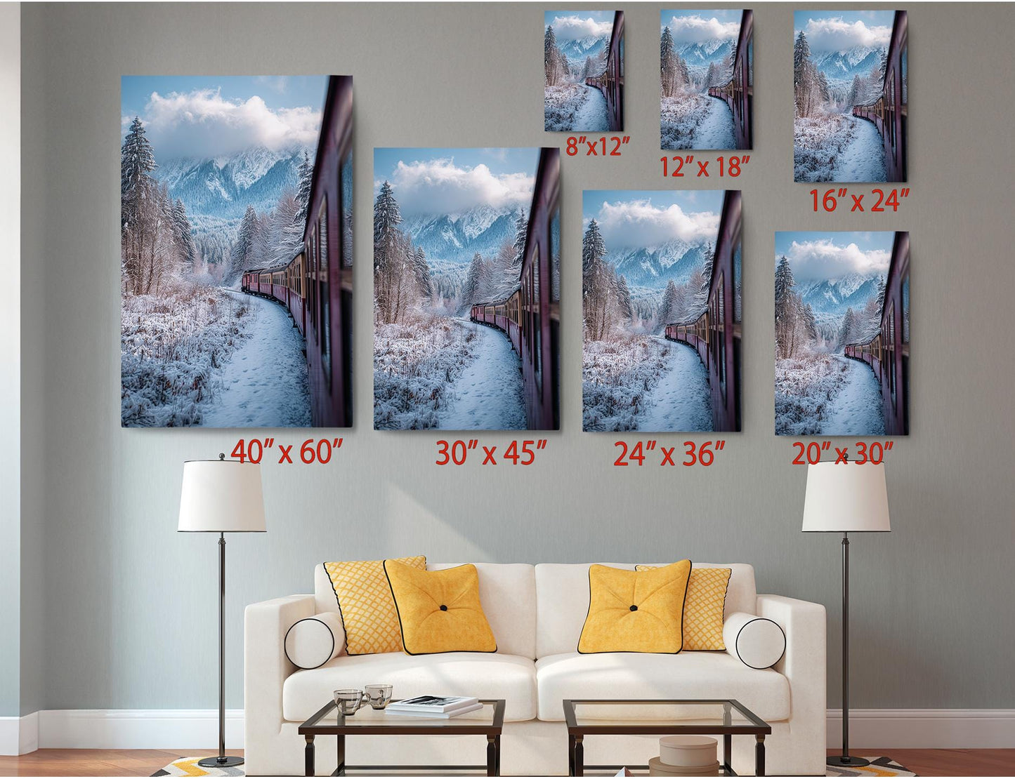 The image is a living room with a white couch and a coffee table. Above the couch, there are six framed pictures of snowy mountain landscapes, each with a different size and resolution. The pictures are arranged in a grid-like pattern, with each row representing a different size and resolution, from 40 x 60 to 24 x 36. The image also includes text indicating the size and resolution of each picture.