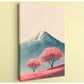 A painting depicting a mountain with a snow-capped peak, surrounded by two trees with pink blossoms in the foreground.
