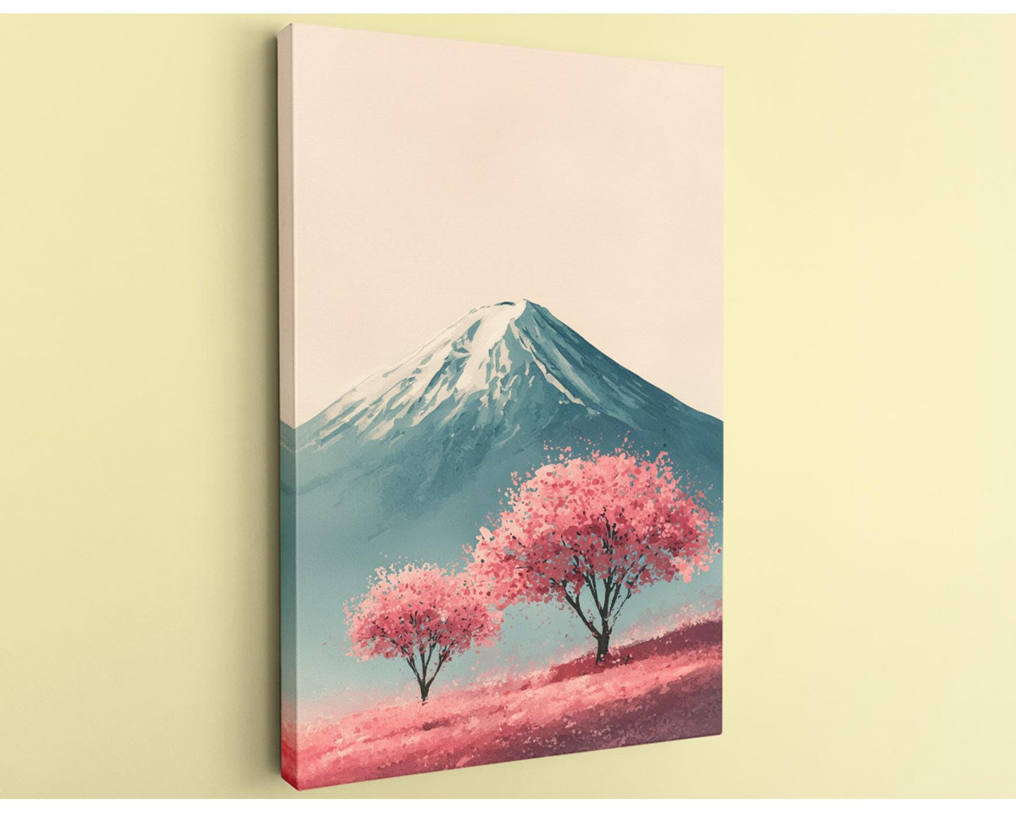A painting depicting a mountain with a snow-capped peak, surrounded by two trees with pink blossoms in the foreground.