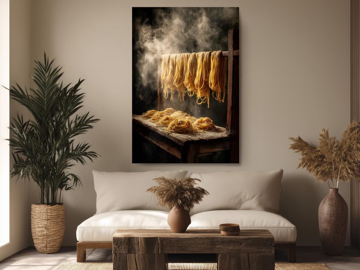 a cozy living room with a large painting of noodles hanging on the wall, a wooden coffee table in the center, and a comfortable couch.