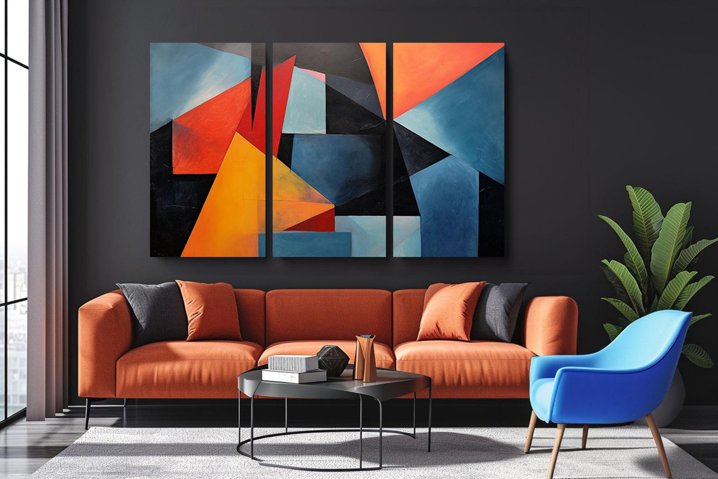 a living room filled with furniture and a painting on the wall