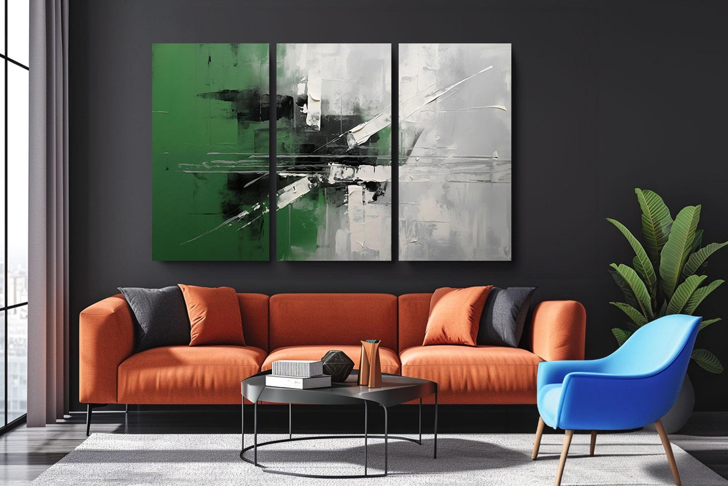 a living room with a couch and two chairs