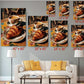 The image is a wall art display featuring a croissant and coffee on a plate, with each size variation labeled to indicate the dimensions of the corresponding canvas.