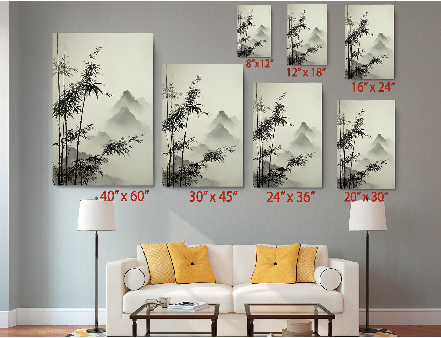 a living room with a white sofa and a coffee table. Above the sofa, there are six identical framed prints of a bamboo landscape, each with a different size and orientation. The prints are arranged in a grid-like pattern on the wall, with each frame having a corresponding size and orientation indicated below it.